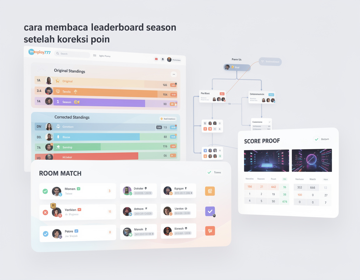 Ilustrasi cara membaca leaderboard season setelah koreksi poin untuk turnamen game online gboplay777 dengan bracket, room match, dan bukti skor
